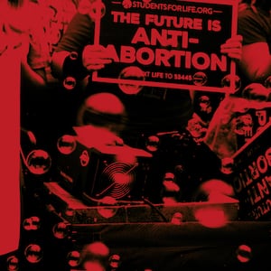 An illustration including anti-abortion signage