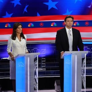 Republican presidential candidates (L-R) former U.N. Ambassador Nikki Haley, Florida Gov. Ron DeSantis and Vivek Ramaswamy participate in the NBC News Republican Presidential Primary Debate