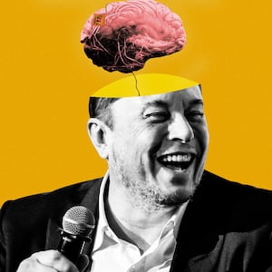 An illustration including a photo of Elon Musk and a floating brain with a brain chip