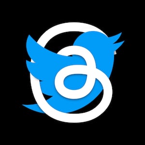 A photo composite of the Twitter blue bird logo wrapped in Instagram’s Threads logo.