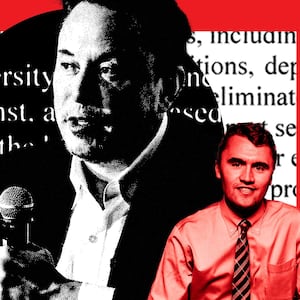 A photo illustration shows Elon Musk and Charlie Kirk in front of DEI language