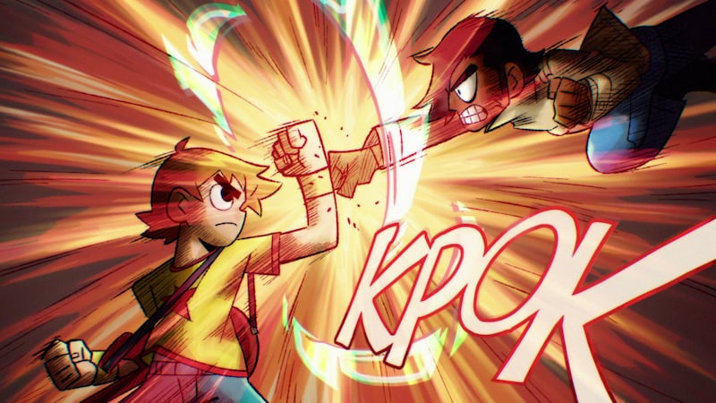 A still from Scott Pilgrim Takes Off shows Scott Pilgrim fighting Matthew Patel