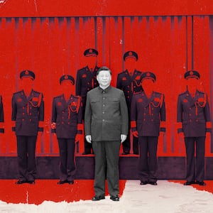 A photo illustration of Chinese President Xi and military general on a red background.