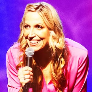 Photo illustration of Laurie Kilmartin on a blue and pink background