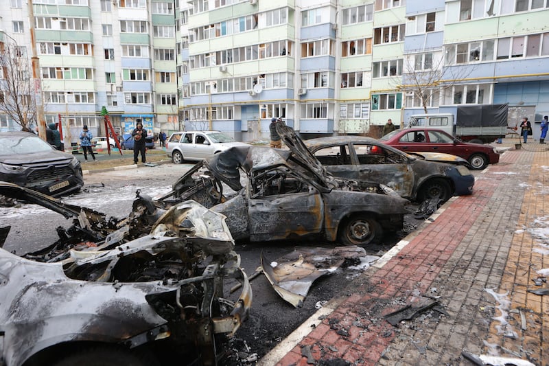 Burned-out cars are seen in a residential area of the city of Belgorod following fresh aerial attacks on March 22, 2024.