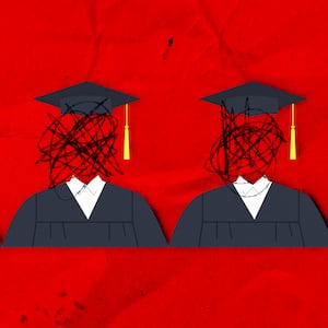 A photo illustration of university gowns and caps and crossed out faces.