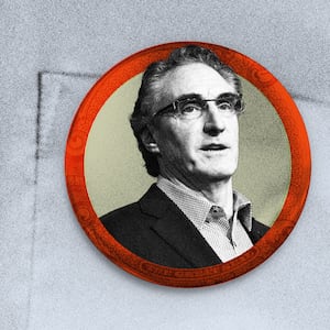 Photo illustration of Governor Doug Burgum (R-ND) on a pin on a blue dress shirt.