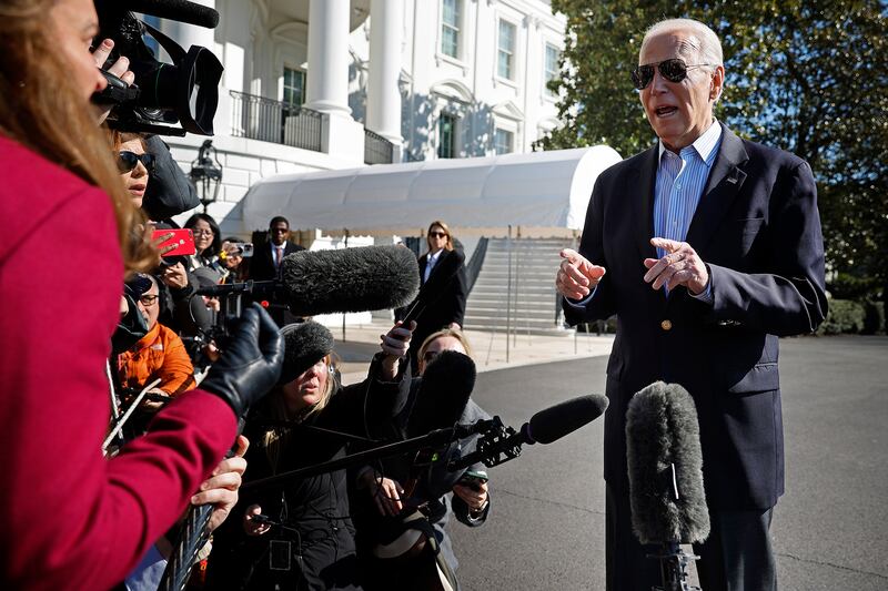 President Joe Biden speaks briefly with reporters.