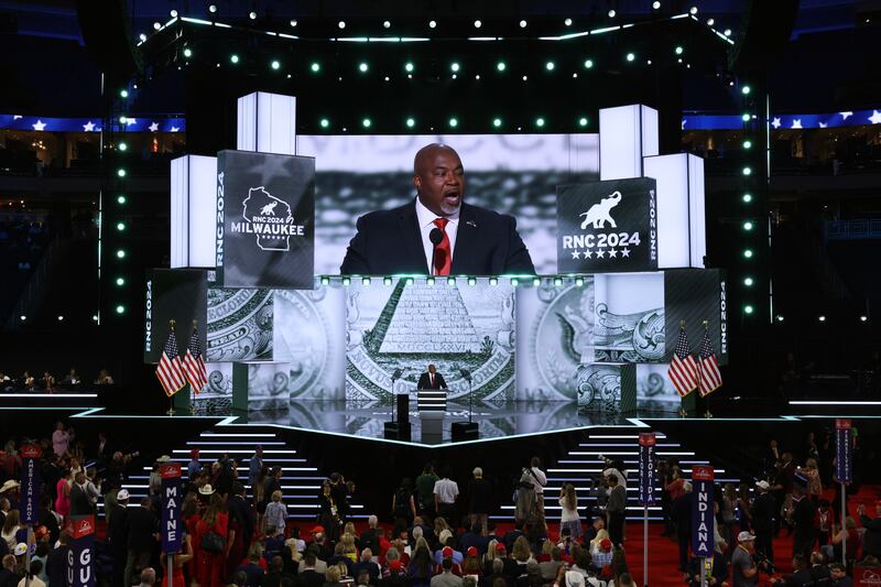 North Carolina Lt. Gov. Mark Robinson speaks on stage on the first day of the Republican National Convention at the Fiserv Forum on July 15, 2024 in Milwaukee, Wisconsin