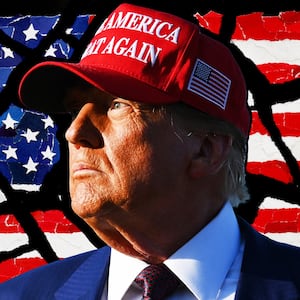 A photo illustration of Donald Trump and torn paper American flag.