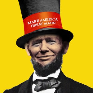 Photo illustration of Donald Trump's face inside Abraham Lincoln's body with a top hat reading "Make America Great Again"