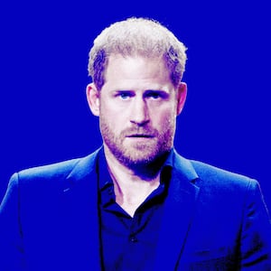 A photo illustration of Prince Harry on a blue background.