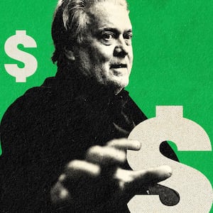 A photo illustration of Steve Bannon holding his hand up with dollar signs around him.