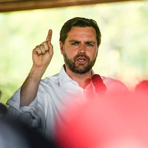 Republican vice presidential nominee J.D. Vance speaks to a crowd during a rally in Leesport, Pennsylvania. 