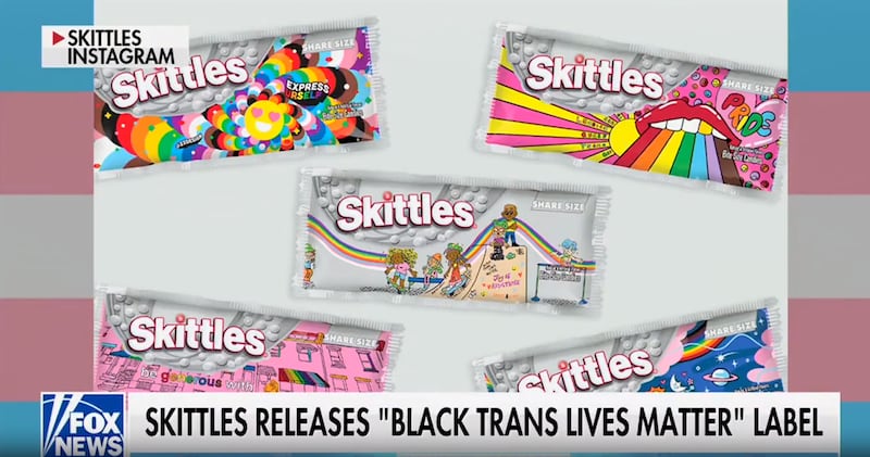 Screenshot of a Fox News segment about Skittles.