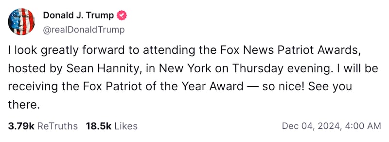 A Donald Trump post on Truth Social accepting Fox News's Patriot of the Year Award.