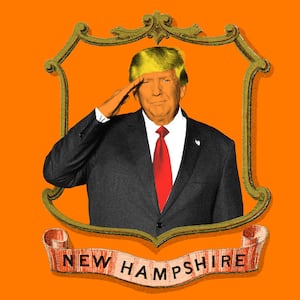 Photo illustration of Donald Trump saluting inside a gold frame with a banner reading, “New Hampshire” behind it