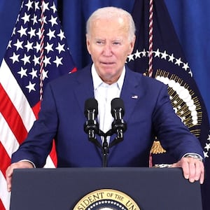 Secret Service agents rush Donald Trump (left) off stage after gunshots reportedly popped off and President Biden (right) responds to the incident in a press conference Saturday.