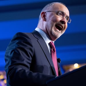 Shawn Fain, President of the United Auto Workers (UAW), speaks during the United Auto Workers union conference at the Marriott Marquis in Washington, DC, on January 24, 2024.  