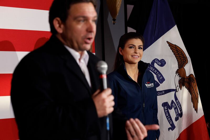 Casey DeSantis listens as her husband, Republican presidential candidate Florida Gov. Ron DeSantis.