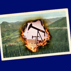 A photo illustration of a postcard with American national park land with a burning hole revealing oil pumps.