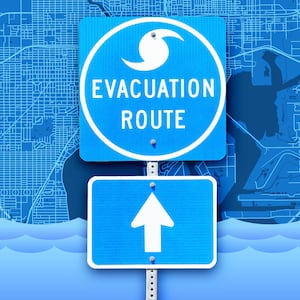 A photo illustration of Tampa Bay and hurricane evacuation sign.