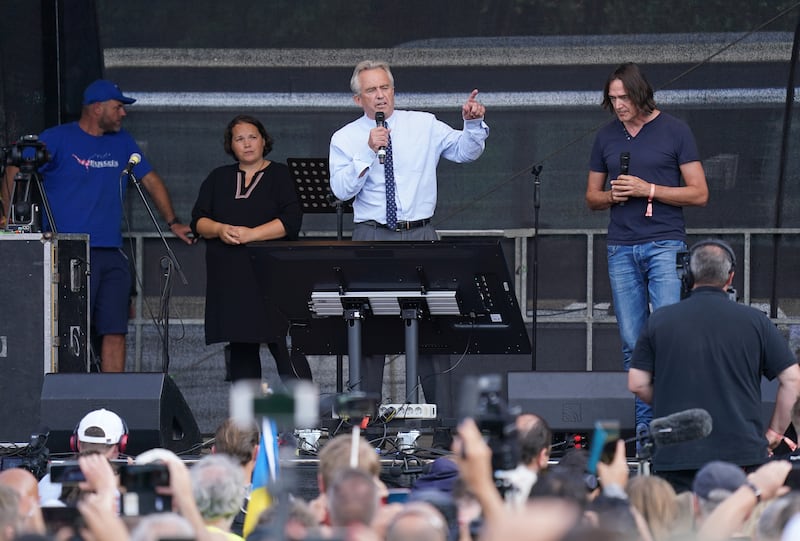 Robert F Kennedy Jr. speaks to a crowd in Berlin, Germany