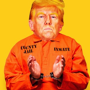 An illustration including a photo of former U.S. President Donald Trump wearing an inmate uniform