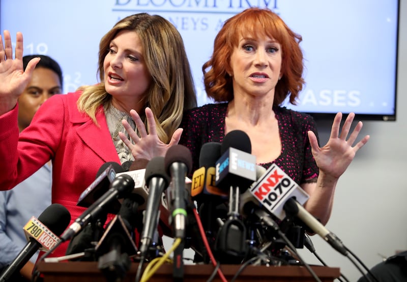 WOODLAND HILLS, CA - JUNE 02:  Kathy Griffin (R) and her attorney Lisa Bloom speak during a press conference at The Bloom Firm on June 2, 2017 in Woodland Hills, California.  Griffin is holding the press conference after a controversial photoshoot where she was holding a bloodied mask depicting President Donald Trump and to address alleged bullying by the Trump family.  (Photo by Frederick M. Brown/Getty Images)