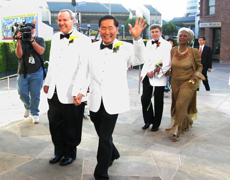 Brad Altman, left, and George Takei after they were married at the Japanese American National Museum on September 14, 2008 in Los Angeles.