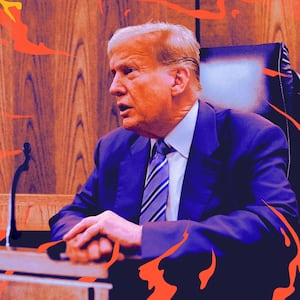 A photo illustration of former President Donald Trump in a courtroom.