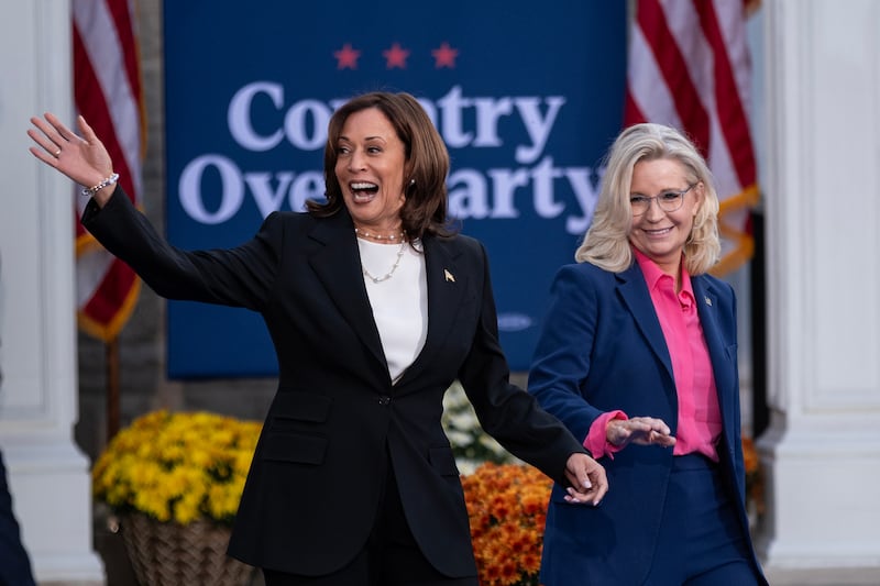 Kamala Harris, left, with Liz Cheney during a rally at Ripon College on October 3, 2024 in Ripon, Wisconsin.