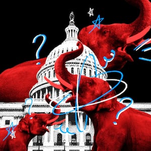 Red elephants run around outside of Congress in a tizzy.