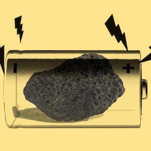 A photo illustration showing a rock as a battery.