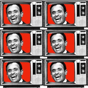 Photo illustration of an old television set featuring Vivek Ramaswamy on a red background, tiled.