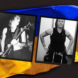 A photo illustration of Hole bassist Lisa Roberts and the Ukrainian flag.