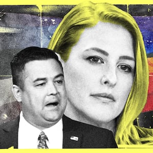 Photo illustration of Christian Ziegler and Bridget Ziegler in front of a fading LGBT flag on a black and yellow background