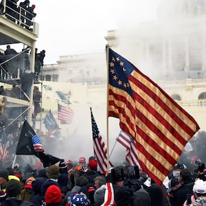 Photograph of rioters at the US Capitol building on January 6, 2021.