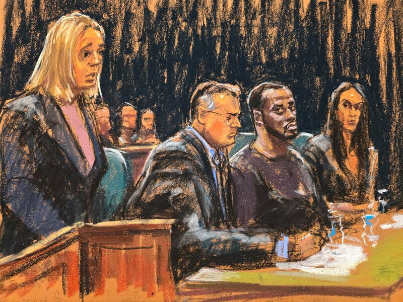 A sketch of Sean Diddy Combs and his attorney in court