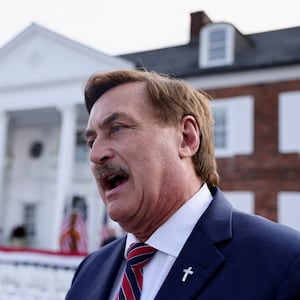 My Pillow CEO Mike Lindell speaks as he waits for former U.S. President Donald Trump, following Trump's arraignment on classified document charges, at Trump National Golf Club, in Bedminster, New Jersey, U.S., June 13, 2023.