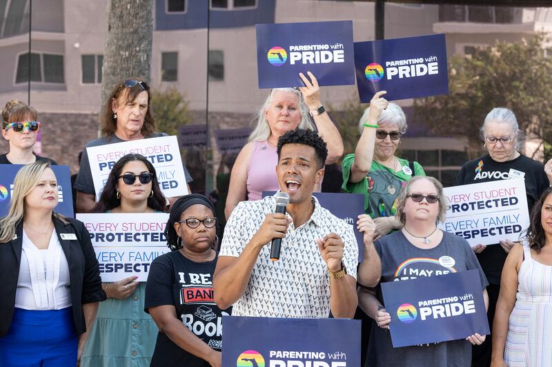 Equality Florida press secretary Brandon Wolf speaks during a press conference for Parenting with Pride as it organizes against book bans, censorship, and whitewashing history in Florida classrooms.