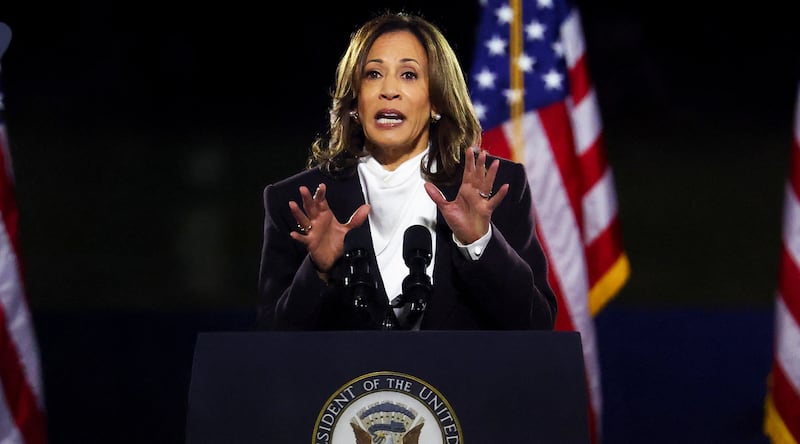 Democratic presidential nominee U.S. Vice President Kamala Harris delivers a speech on the National Mall.