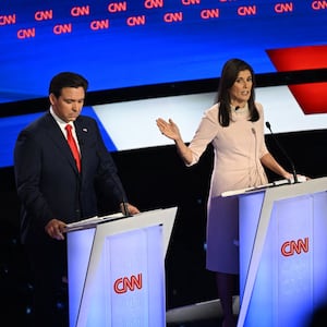 Nikki Haley and Ron DeSantis during a debate Wednesday in Iowa. 