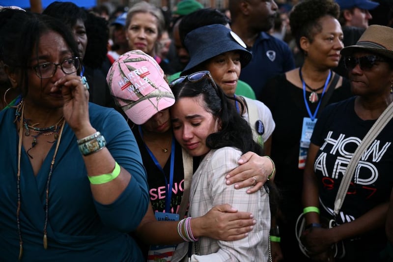 Emotional supporters react to Kamala Harris concession speech.