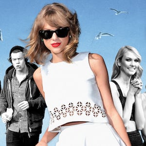 An illustration including photos of Taylor Swift, Harry Styles, and Karlie Kloss