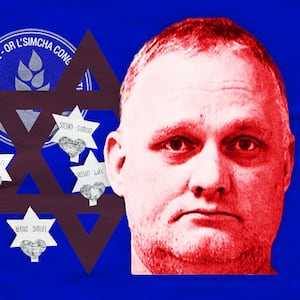 A photo composite of Tree of Life synagogue shooter Robert Bowers mugshot and Jewish Star of David and memorials for victims 