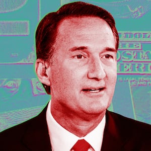 A photo illustration of Virginia Gov. Glenn Youngkin with a background of money.