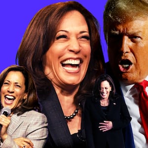 An illustration of Kamala Harris, laughing, and Donald Trump, unamused.