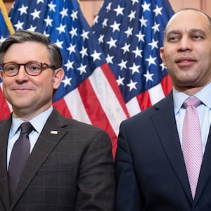 US Speaker of the House Mike Johnson (L), Republican of Louisiana, and US House Democratic Leader Hakeem Jeffries (R), Democrat of New York at the US Capitol in Washington, DC, March 12, 2024. 