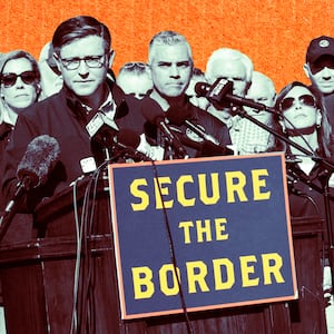 A photo illustration of House Speaker Mike Johnson and Republicans visiting the southern border. 